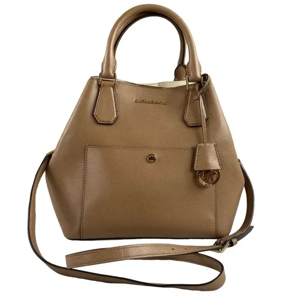 Michael Kors Greenwich Large Saffiano Leather Grab Bag Satchel Crossbody Tan - Picture 1 of 15